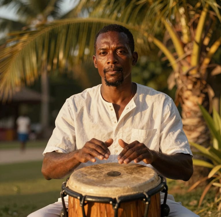 An elegant portrait of an Afro-Caribbean male musician playing a traditional percussion instrument under golden-hour sunlight, warm tropical tones, editorial photography