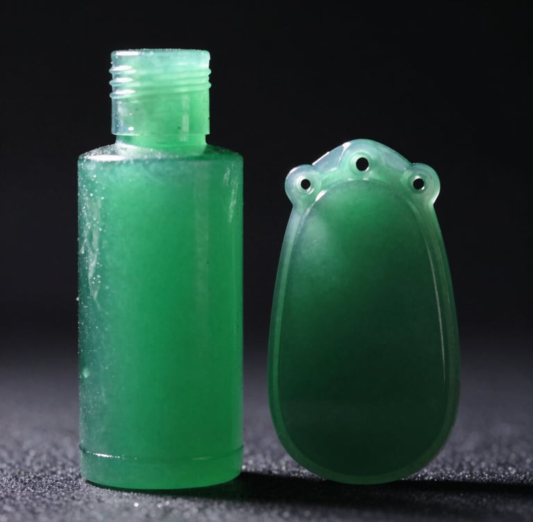Macro studio shot of a translucent green resin bottle next to a high-detail printed resin pendant model, sharp emerald-tinted edge lighting, deep shadows