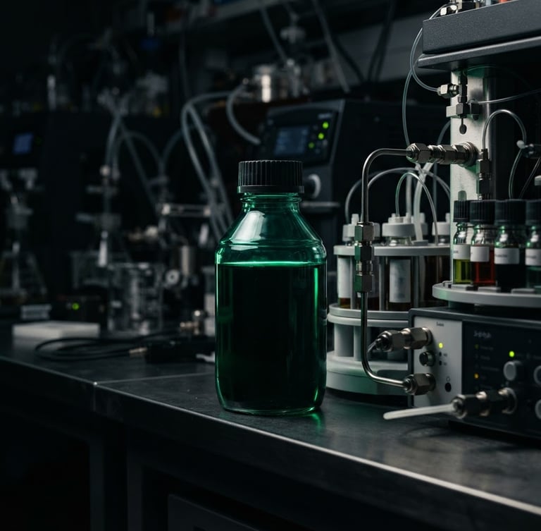 Macro studio shot of a translucent green resin bottle next to liquid chromatography laboratory equipment, dramatic low-key lighting with sharp emerald edge highlights
