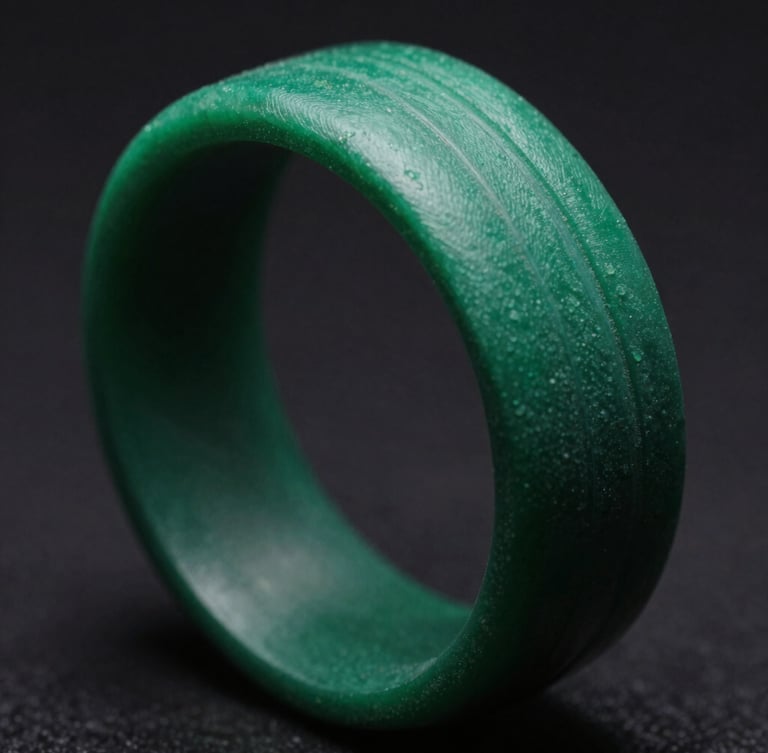 Extreme macro close-up of a green printed resin ring model showing crisp layer lines under dramatic low-key studio lighting with deep shadows