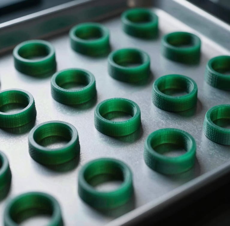 Extreme macro shot of multiple green resin printed ring models arranged on a cleanroom laboratory tray, sharp emerald edge lighting, high-contrast details.