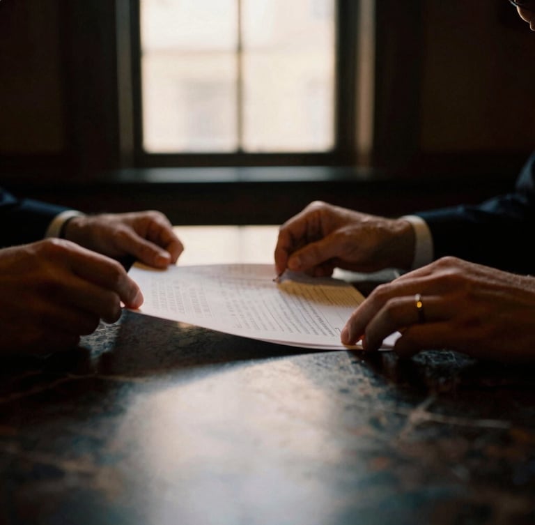 Extreme close-up of hands reviewing financial documents on a dark marble boardroom table, warm directional window light, 35mm film