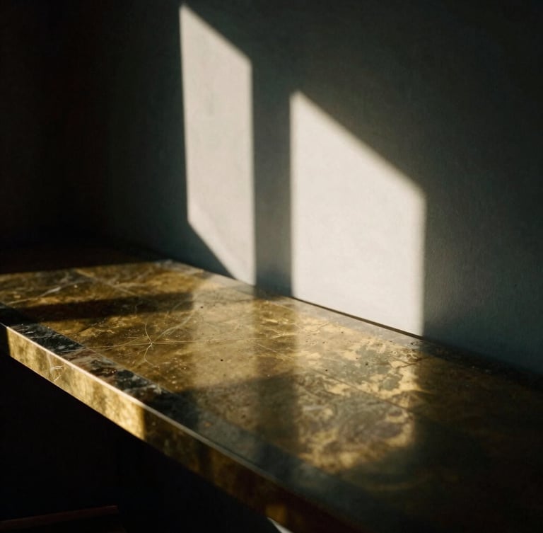 Extreme close-up of dramatic window light reflecting off a polished brass and dark marble desk, architectural shadows, moody editorial photography
