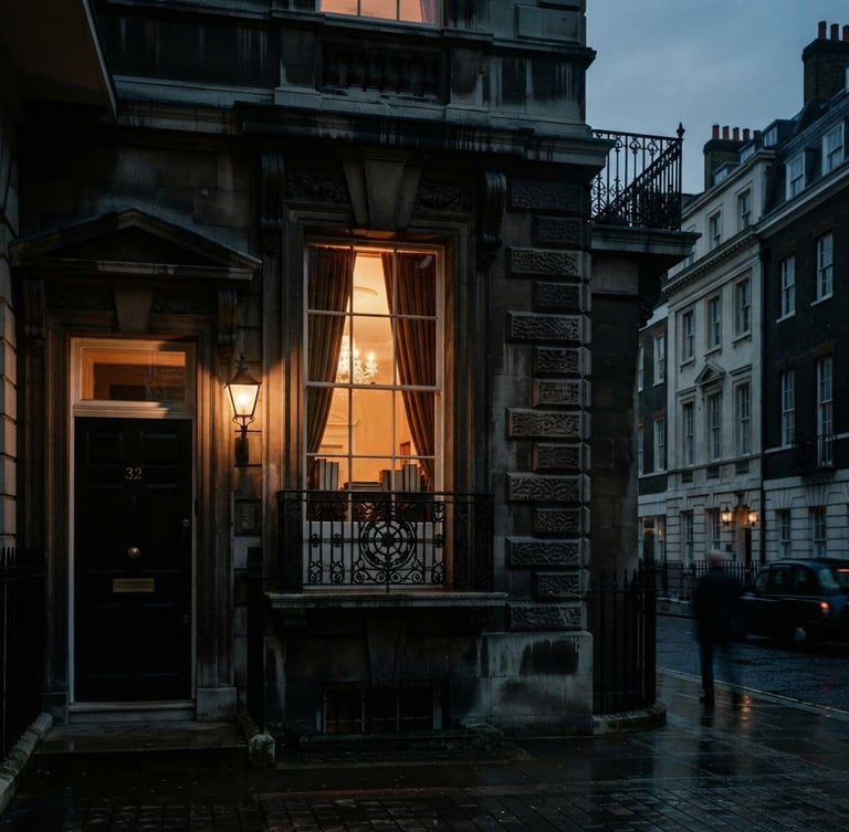 Moody editorial photography of a classical London Mayfair stone facade, dramatic low-key window light, deep charcoal tones with warm gold highlights, architectural framing, 35mm film.