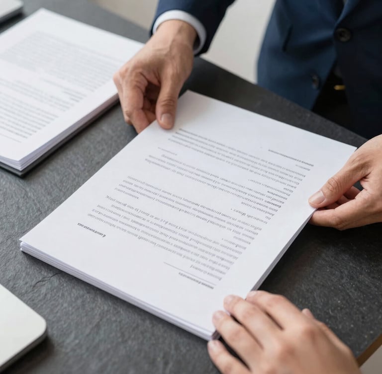 A clean editorial photograph of hands organizing official legal documents on a dark slate desk, soft natural office lighting, sharp focus, 35mm
