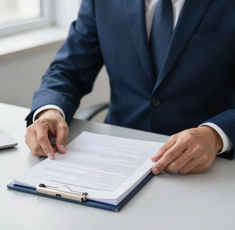 Medium close-up of a professional advisor in a navy suit organizing official documents on a clean slate-gray desk, soft natural light, focused and organized.