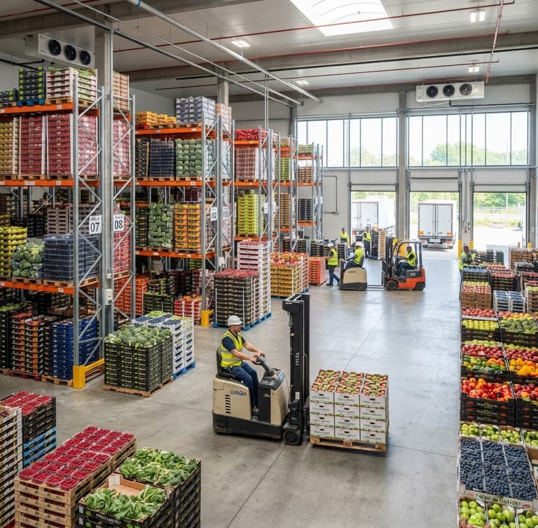 Wide shot of a modern, organized cold-storage facility with pallets of fresh produce, bright natural daylight, sharp focus, professional logistics and agriculture