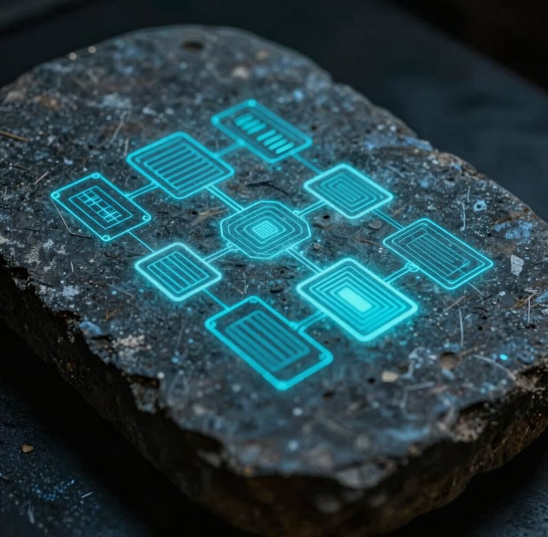 Macro close-up of an ancient stone tablet with glowing cyan digital wireframes projected onto its surface, dramatic chiaroscuro lighting, cold cinematic tones.