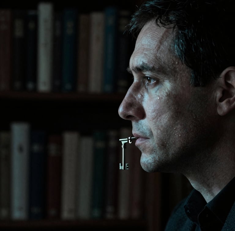 High-contrast portrait of a writer in a dimly lit study, bookshelves fading into deep shadows, cold silver key light highlighting their profile.
