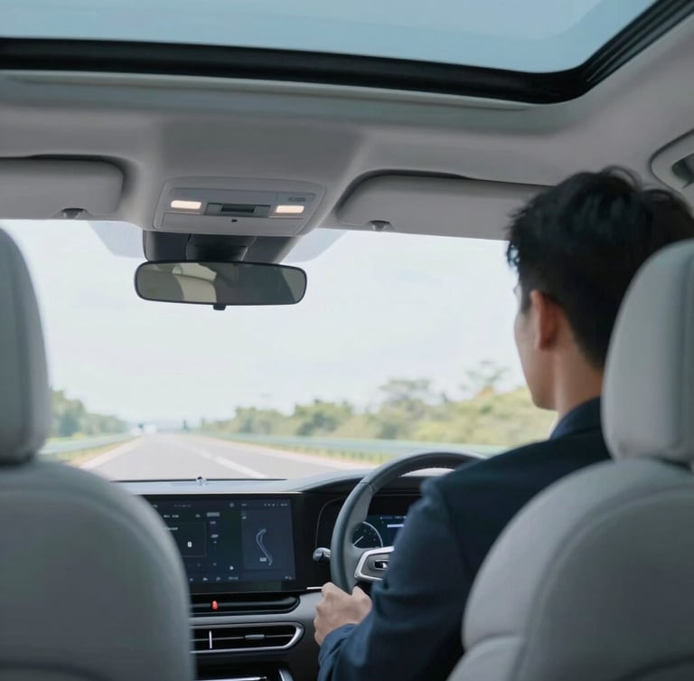 An over-the-shoulder view from the back seat of a clean modern vehicle interior, showing a professional driver navigating a calm highway in bright natural daylight, soft light blue tones.