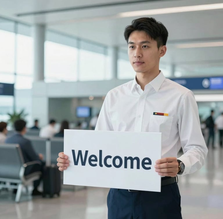 A professional, neatly dressed chauffeur in a crisp white shirt holding a clean welcome sign at a bright, modern airport arrivals terminal, soft light blue tones, professional focus, 35mm.