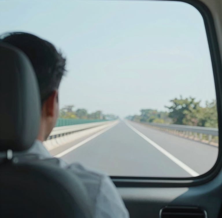 Over-the-shoulder view from the back seat of a clean, modern vehicle showing a clear Indian highway ahead, bright natural daylight, soft light blue tones, professional focus.