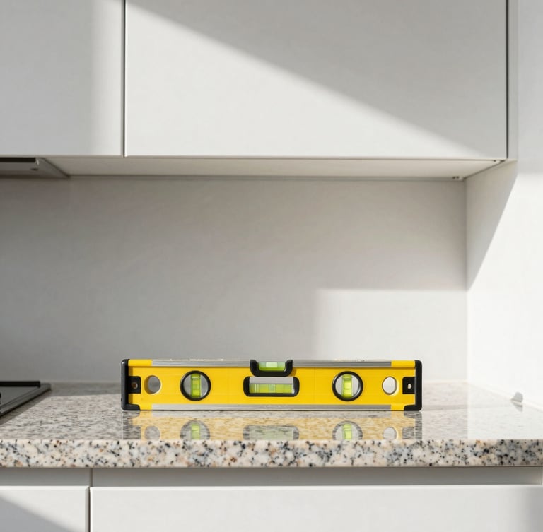 Symmetrical straight-on view of a modern kitchen cabinet installation, a spirit level resting on the perfectly flat granite countertop, crisp natural daylight, sharp focus, 35mm.