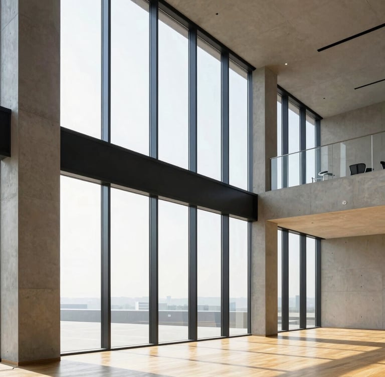Minimalist modern concrete office building interior with sharp geometric lines and bright diffused daylight streaming through high glass panels, clean architectural perspective.