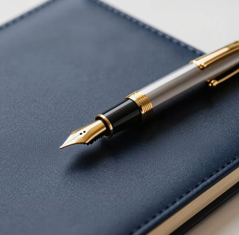 Macro photograph of a heavy gold fountain pen resting on a dark navy leather-bound legal contract, dramatic side lighting, architectural shadows, 35mm lens, corporate editorial style.