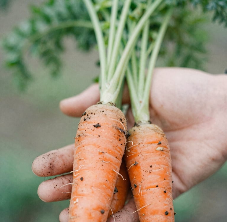 Macro close-up of soil-dusted hands holding freshly harvested organic root carrots, soft overcast daylight, natural film texture.