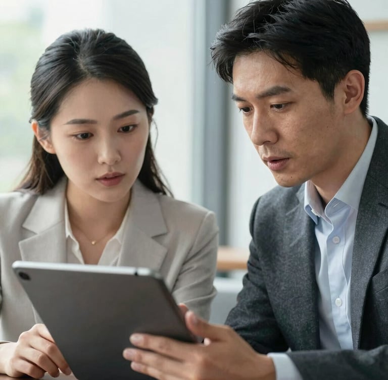 A tight, candid medium-close up of two professionals in deep discussion over a tablet screen, natural morning light, focused expressions, clean professional attire.
