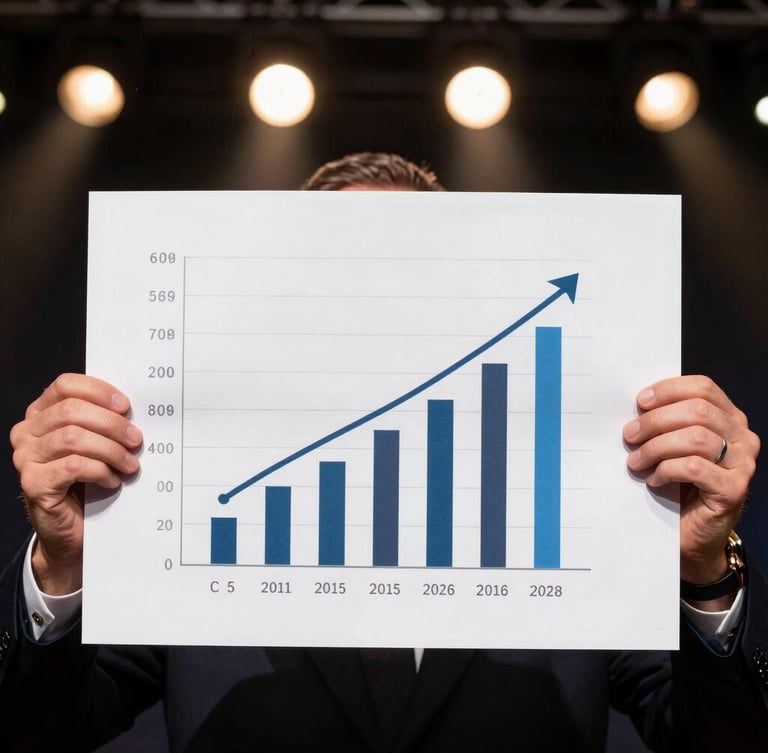 A close-up, high-contrast photograph of a founder presenting a growth chart on stage, sharp focus, dramatic warm spotlights, professional atmosphere.
