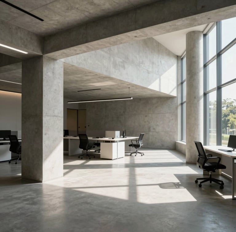 A wide, structured environmental shot of a minimalist, sunlit corporate workspace in Bhubaneswar, featuring clean lines, architectural concrete, and bright natural daylight with sharp shadows.