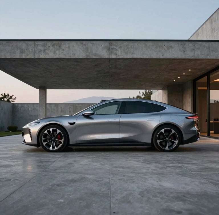Wide-angle side view of a luxury electric sedan parked in a minimalist concrete carport of a modern architectural home, overcast cool evening light, high-contrast metallic reflections.
