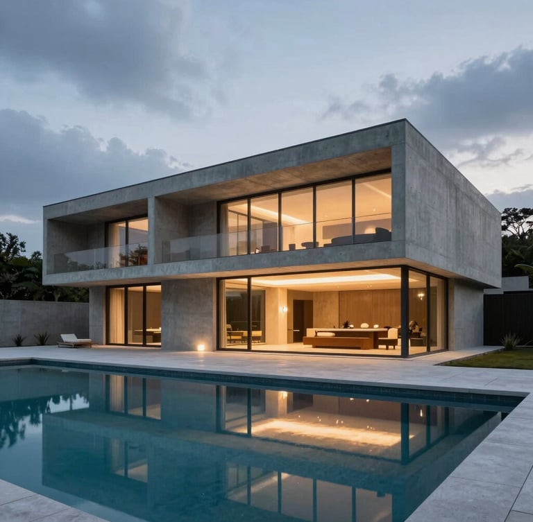 Wide architectural shot of a modern minimalist concrete and glass villa at twilight, soft warm interior lights casting reflections on a clean outdoor pool, cool blue overcast sky.
