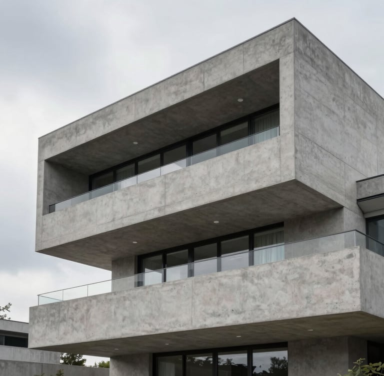 Close-up of a modern architectural concrete villa with clean lines under a cool overcast sky, sharp details.