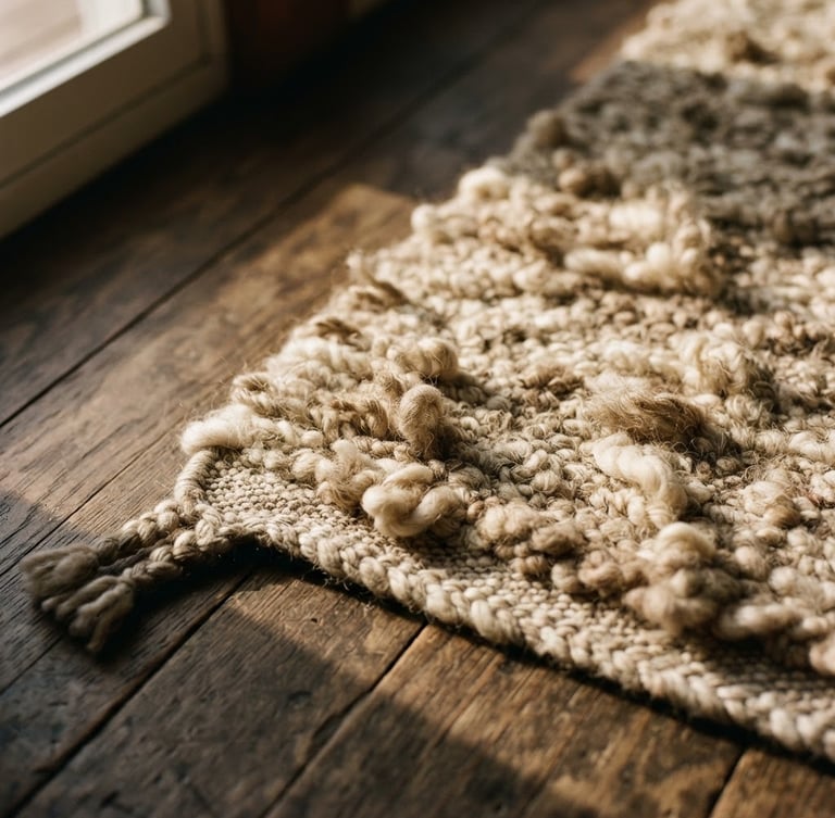 Overhead dramatic perspective of a heavy-pile un-dyed wool rug corner, low-angle raking natural light casting deep shadows on raw fibers, 35mm photography