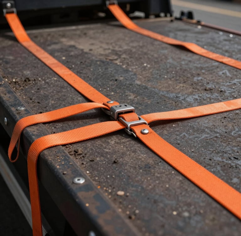 Close-up of heavy-duty orange cargo securing straps being tightened on a flatbed truck, high-contrast daylight, gritty industrial photography