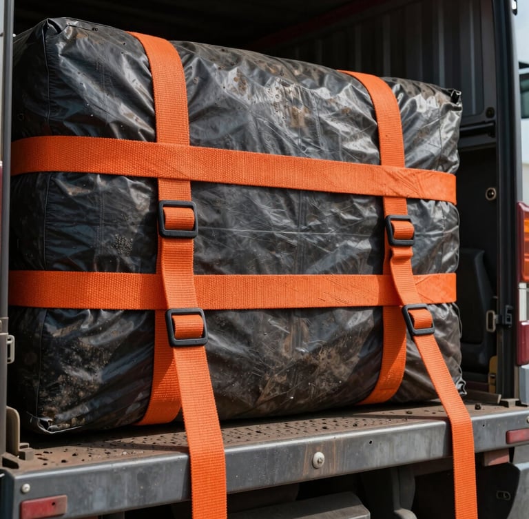 Close-up of heavy-duty safety orange tension straps securing cargo on a flatbed truck, high-contrast industrial lighting, gritty real-world texture.