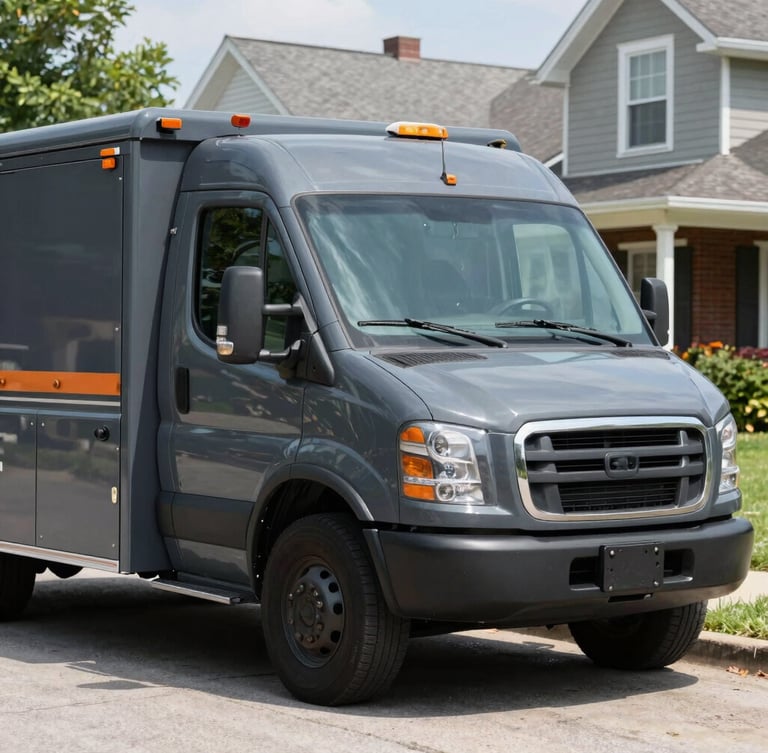 A clean, well-maintained service truck parked on a quiet residential street in Kewanee, Illinois, bright natural daylight, sharp focus on the vehicle's clean profile.