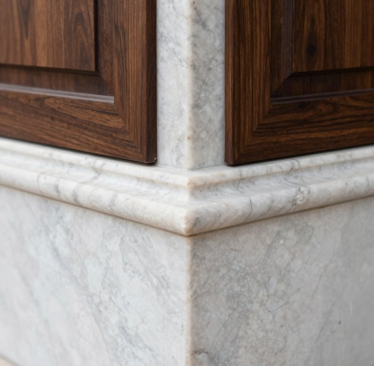 Close-up architectural detail of a pristine joint between premium travertine marble and dark walnut wood paneling, soft natural side lighting, sharp focus, 35mm