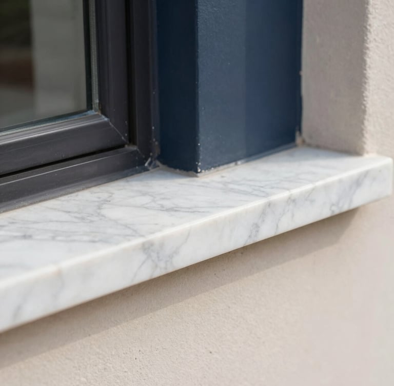 Close-up of pristine architectural joint, perfect alignment of premium marble and dark steel trim, crisp focus, soft natural light