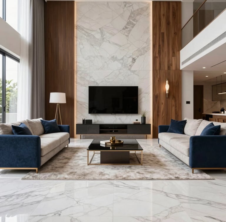 Straight-on architectural photography of a luxury modern living room in Goiânia, bright natural daylight, clean lines, white marble floor, custom wood paneling, premium finishes, 35mm