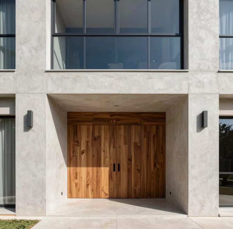 Symmetrical architectural shot of a luxury apartment interior in Goiânia, clean lines, minimalist concrete and warm wood finishes, natural daylight, 35mm