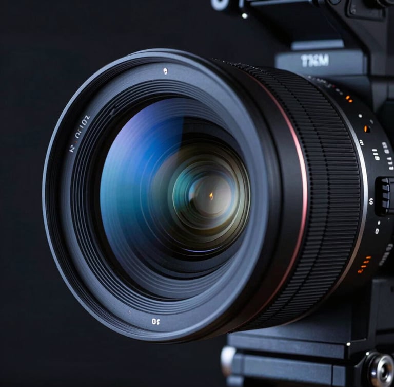 Extreme close-up of a high-end cinema camera lens, sharp reflections of cobalt blue studio lights, dark cinematic background, technical precision, 3:4 portrait aspect.
