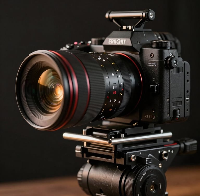 Cinematic close-up of a high-end camera rig on a dark set, warm backlight catching the lens edge, technical precision, sharp focus
