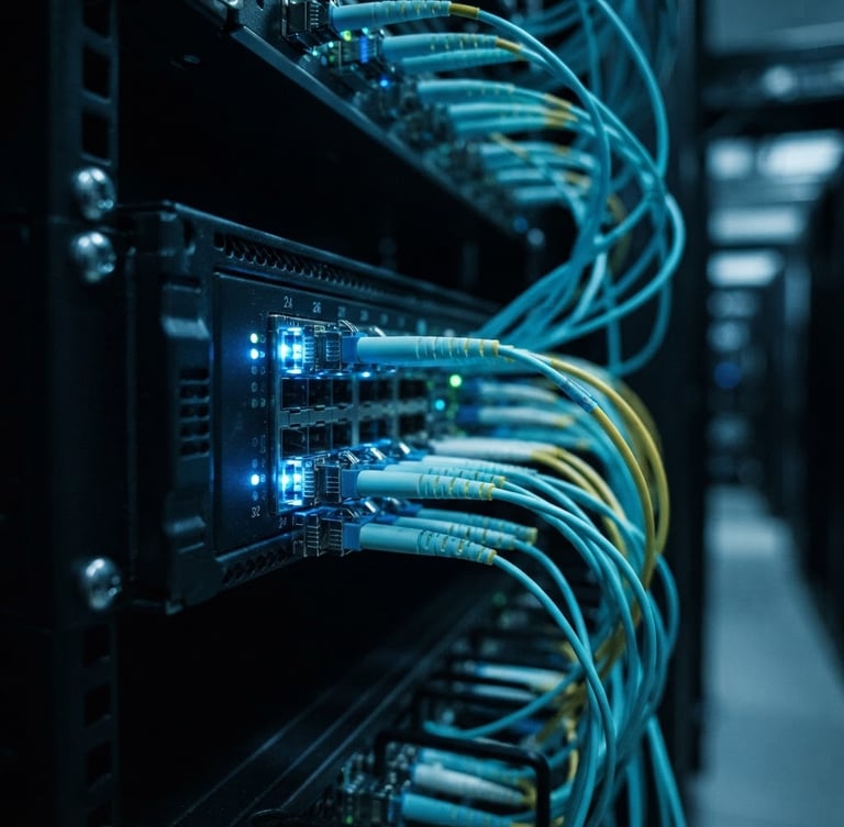 Macro photograph of high-end enterprise network switch ports with glowing blue fiber optic connections, cool low-key architectural lighting, sharp focus, 35mm