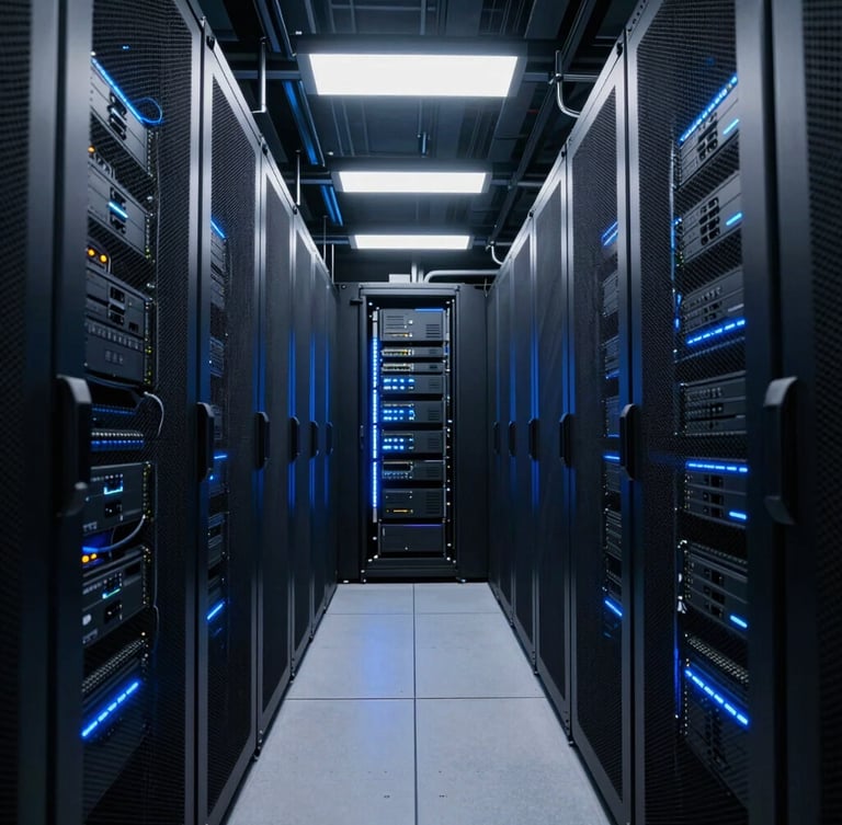 Symmetric wide shot of a modern dark data center corridor, cool low-key architectural lighting with sharp electric-blue LED accents, clean cable management, 35mm