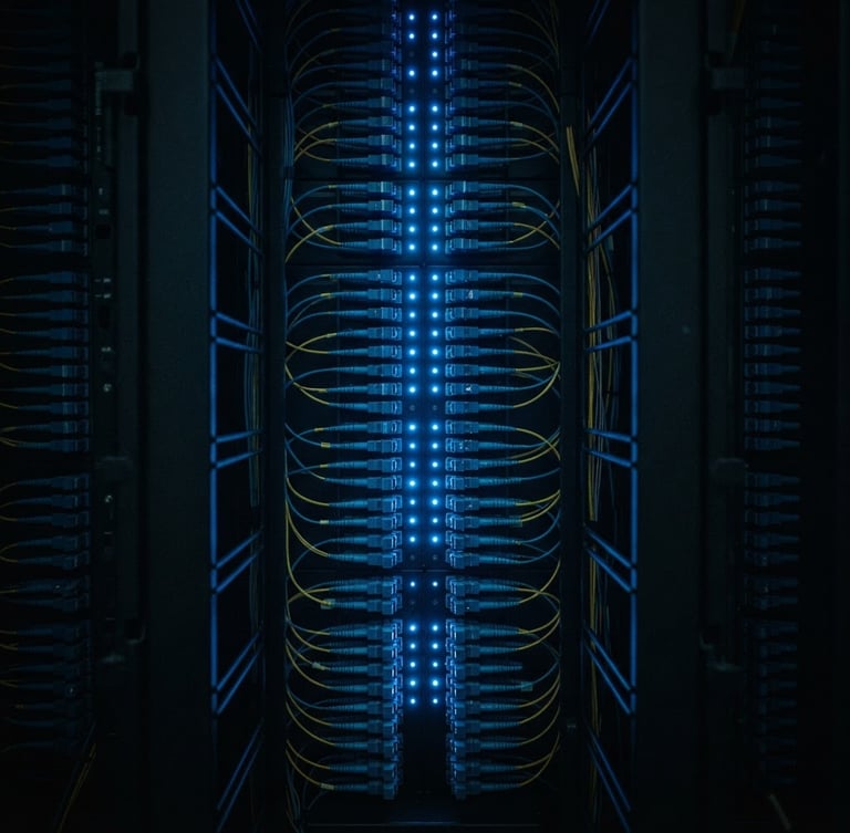 Symmetric macro shot of high-density fiber optic patch panels in a dark enterprise server room, sharp cool blue laser-like indicators slicing through low-key shadows, 35mm photography