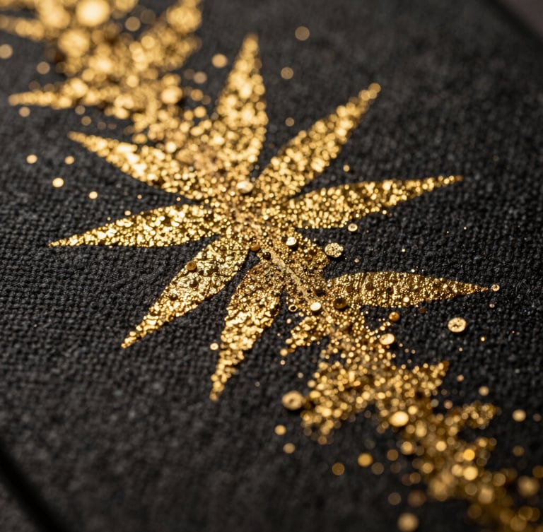 Macro cinematic close-up of dark textured canvas with gold leaf catching warm, low-key directional light, highlighting the mineral relief and wabi-sabi details.