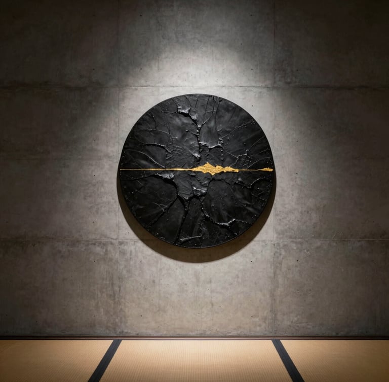 Minimalist concrete wall with a single large circular black-and-gold textured artwork, low-key side lighting casting long soft shadows, tatami floor visible below.