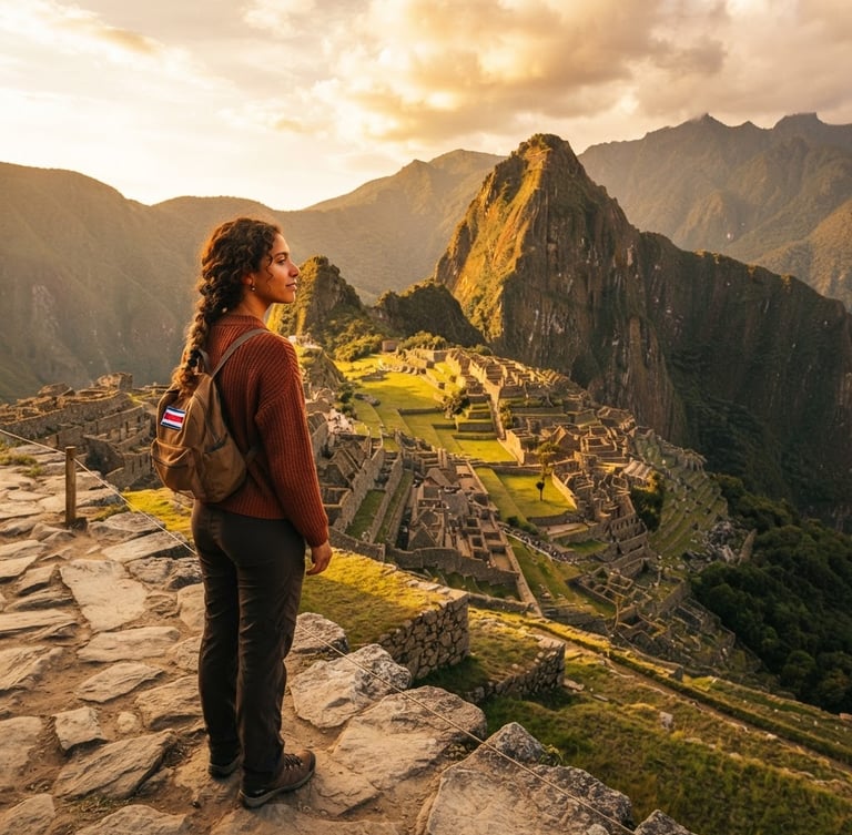 Warm editorial photo of a Costa Rican traveler looking at Machu Picchu during golden hour, wide-angle cinematic framing, 35mm film feel, rich saturated Andean tones.