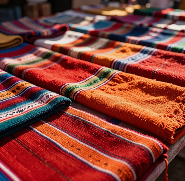 Close-up of vibrant traditional Peruvian textiles in a bustling market in Pisac, warm natural sunlight highlighting the rich red and orange threads, shallow depth of field