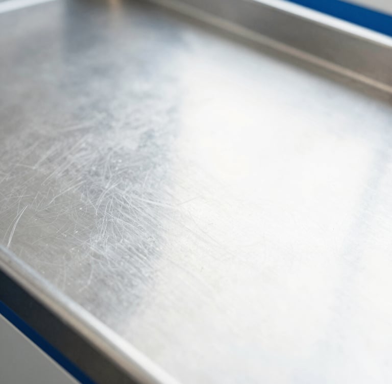 Macro detail shot of a clean stainless steel workspace surface, bright high-key daylight, cool whites, sharp focus, 35mm