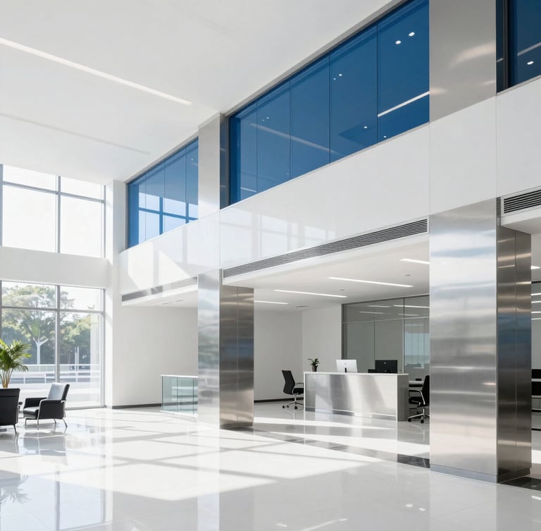 Bright high-key interior photography of a spotless modern corporate office lobby, gleaming stainless steel surfaces, crisp daylight, cool whites and deep blues, sharp focus, 35mm