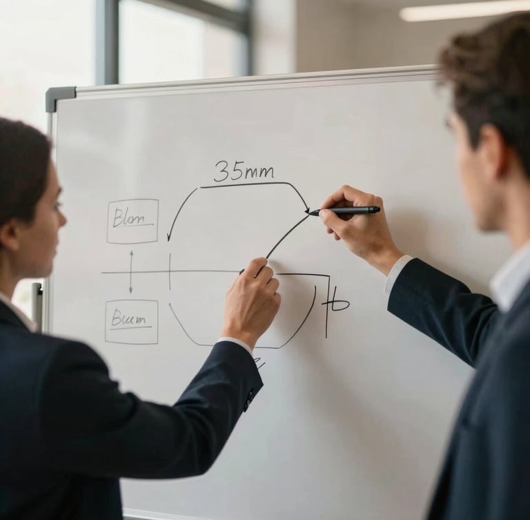 Warm editorial medium shot of a professional strategy session, hands sketching a clean framework on a whiteboard under soft diffused natural window light, muted navy accents, 35mm.