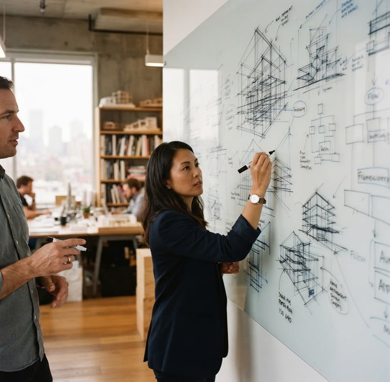 A focused collaborative professional workshop in a modern architectural office. Hands sketching frameworks on a whiteboard under soft, diffused natural window light. Warm tones, 35mm photography.