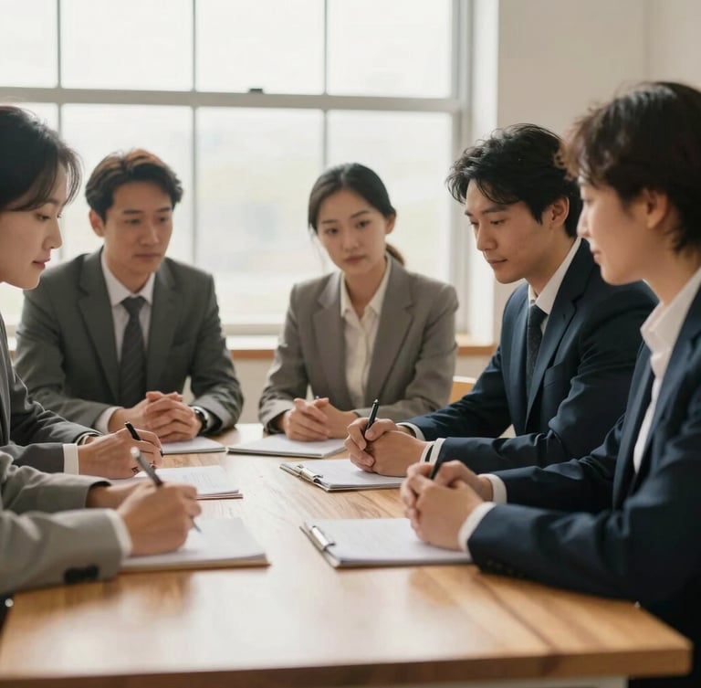 Candid medium-shot of business professionals collaborating around a light oak table, warm natural light from a large window, soft focus, editorial style