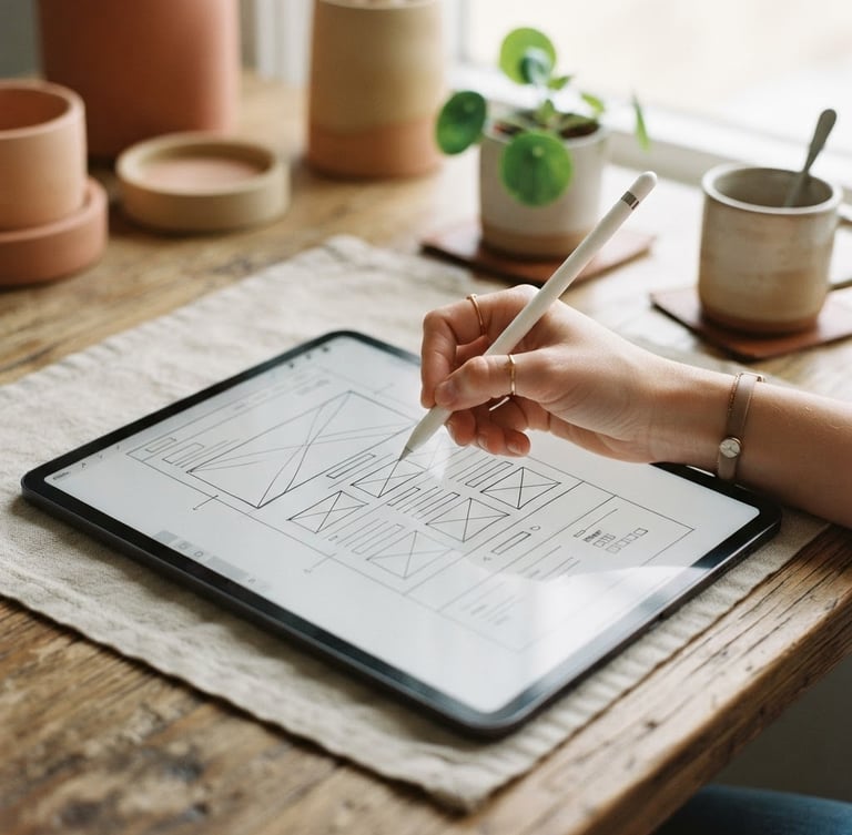 Close-up of a hand sketching a website wireframe on a tablet, with clean lines and geometric shapes. Soft natural daylight, muted terracotta and sand tones, shallow depth of field. Portrait aspect.