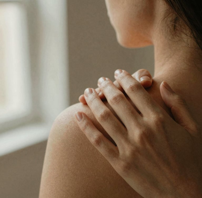 Close-up of warm hands gently resting on a shoulder, soft morning light, shallow depth of field, natural linen background, warm earth tones